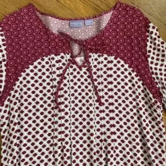 Laura Scott Boho Print 3/4 Sleeve Peasant Blouse Burgundy Ivory Size MP - Picture 4 of 8